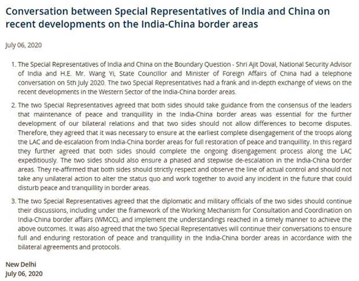 MEA statement on India China troop withdrawal. 
