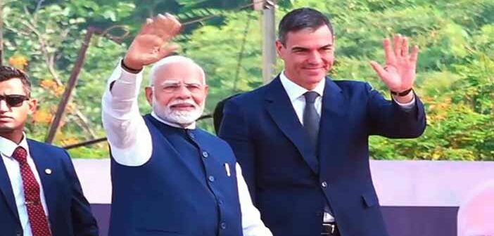 PM Modi (L), Pedro Sanchez inaugurate Tata-Airbus plant in Vadodara.