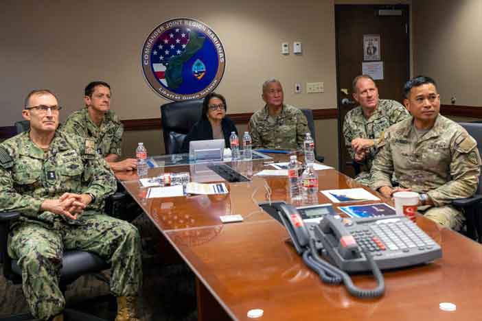 Commander Rear Adm. Jeffrey Kilian (left), Lou Leon Guerrero, governor of Guam tracked MRBM interception test off Guam Coast. 