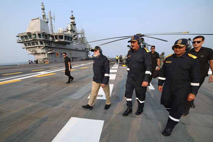 Prime Minister Narendra Modi on INS Vikrant Aircraft Carrier. 