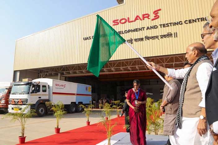 Rajnath flags off Pinaka Rocket for Armenia, from Solar Group's plant in Nagpur, India.