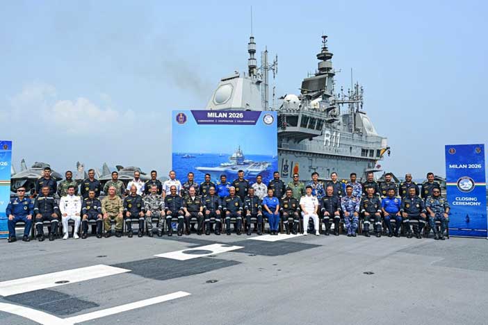 Milan-2026 Naval Exercise closing ceremony aboard INS Vikramaditya. 