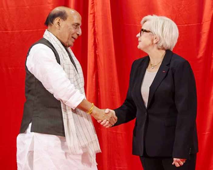 India's defence minister Rajnath Singh with French counterpart Catherine Vautrin at Tata-Airbus H-125 plant inauguration ceremony. (17 Feb 2026)